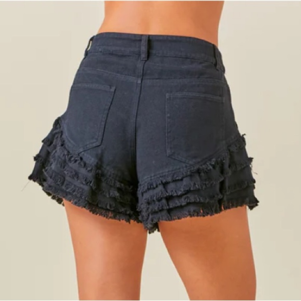 Black Jean Shorts with Distressed Ruffle Hem - Picture 3 of 3